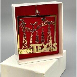 Camerlane 24kt Gold Finish "Merry Christmas from Texas" State Ornament Oil Field